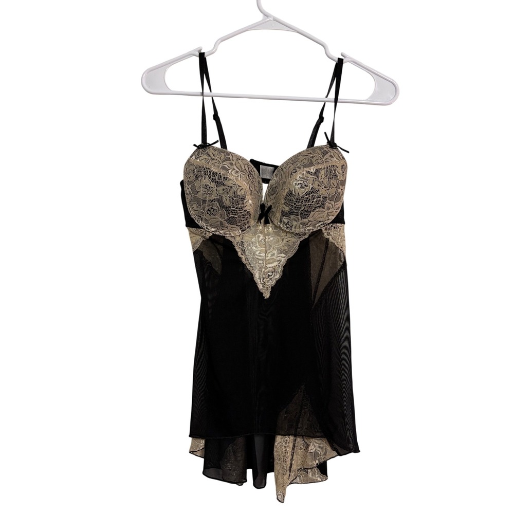 Lingerie Chemise Babydoll Sexy Black Gold Lace Mesh Underwire Large